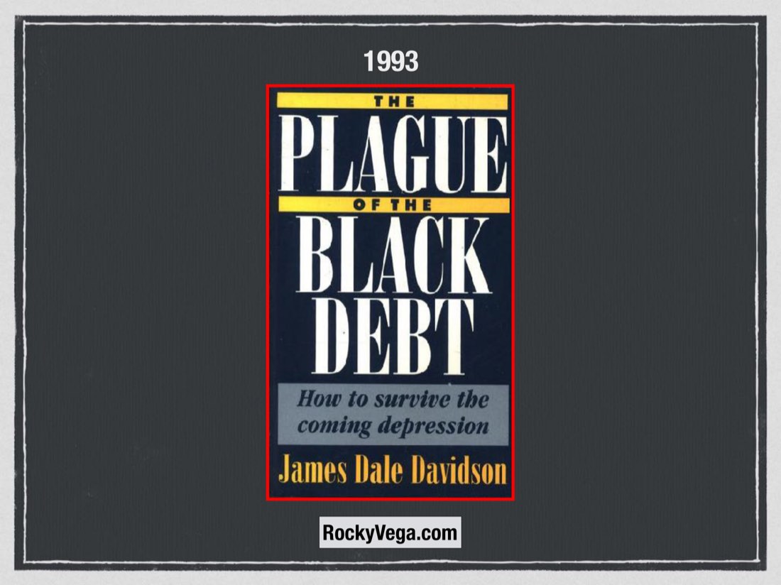 1993 slide from the talk, with the cover of Plague of the Black Debt.
