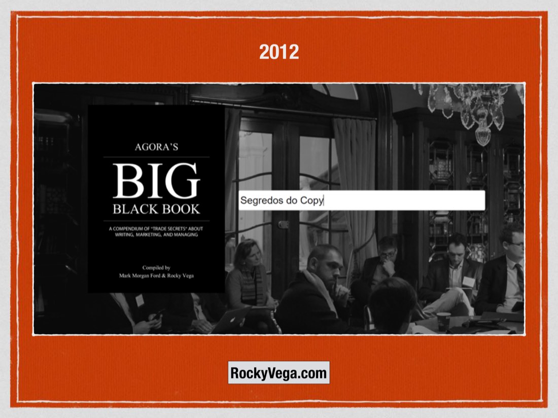 2012 slide from the talk, with the cover of the Agora's Big Black Book.